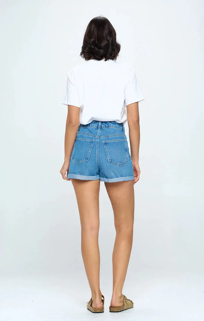 HIGH RISE RIPPED HEM DENIM SHORTS