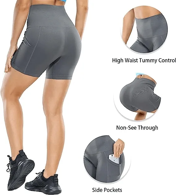 High Waist Tights Boxer Shorts Biker with Pockets Tummy Control Grey