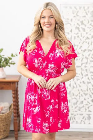 Hot Pink Flower Print V-Neck Jersey Dress