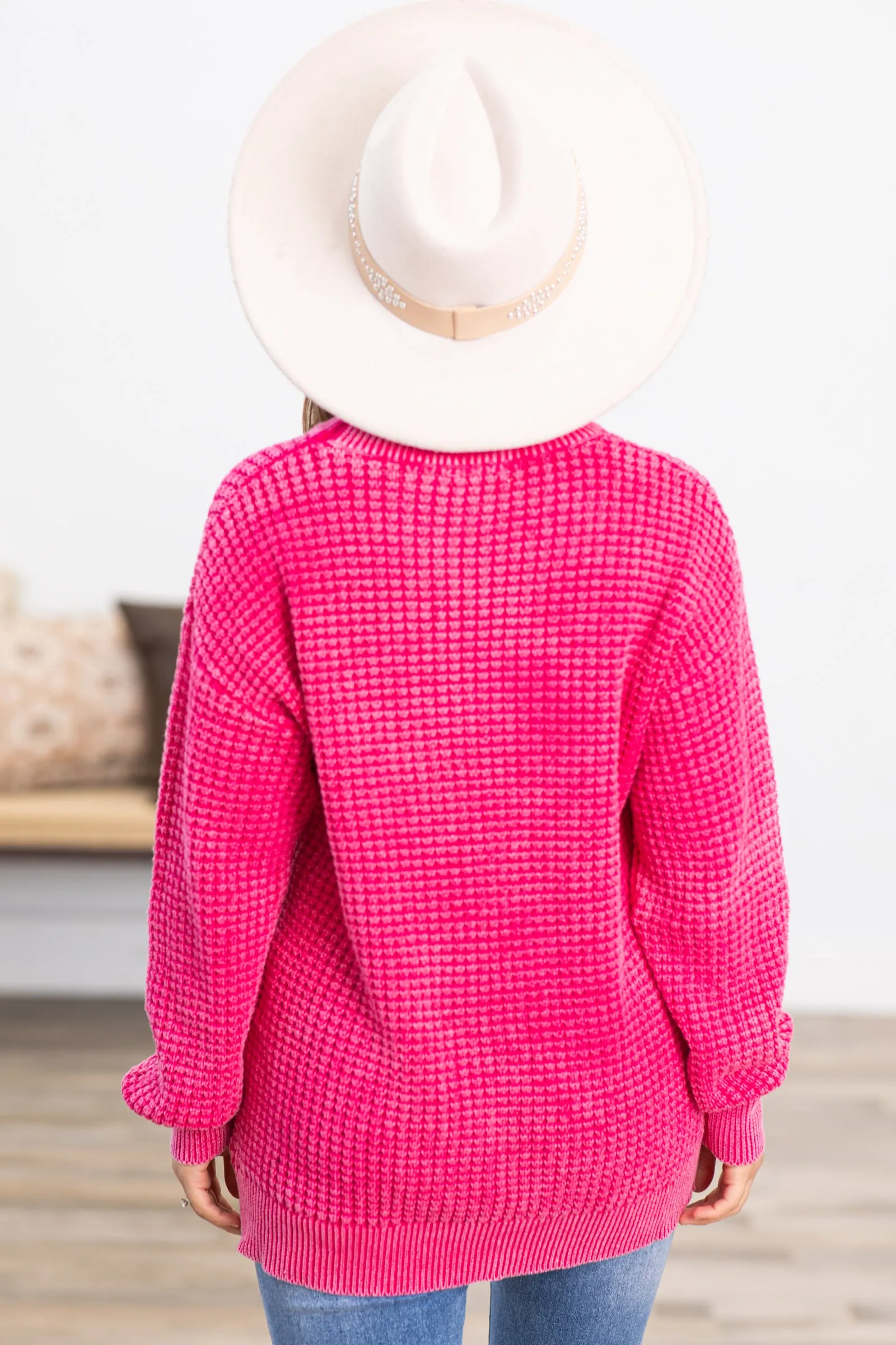 Hot Pink Mineral Wash Waffle Knit Sweater
