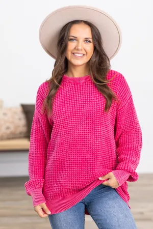 Hot Pink Mineral Wash Waffle Knit Sweater