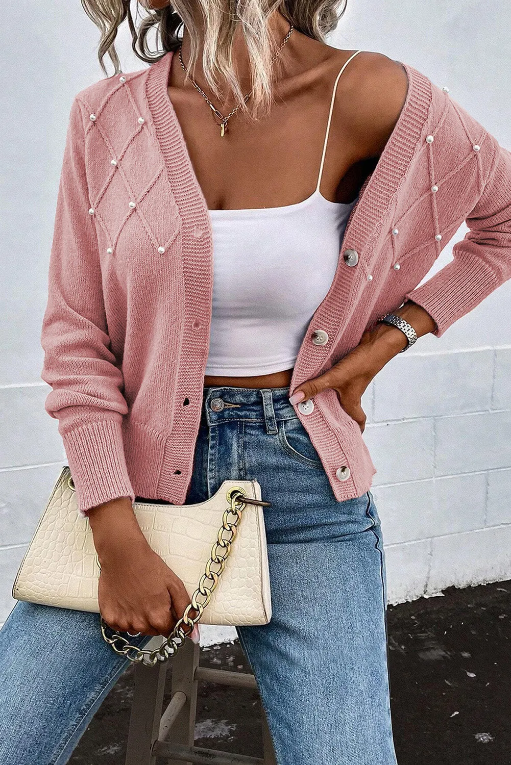 Icelyn Pearl Trim Button Up Cardigan