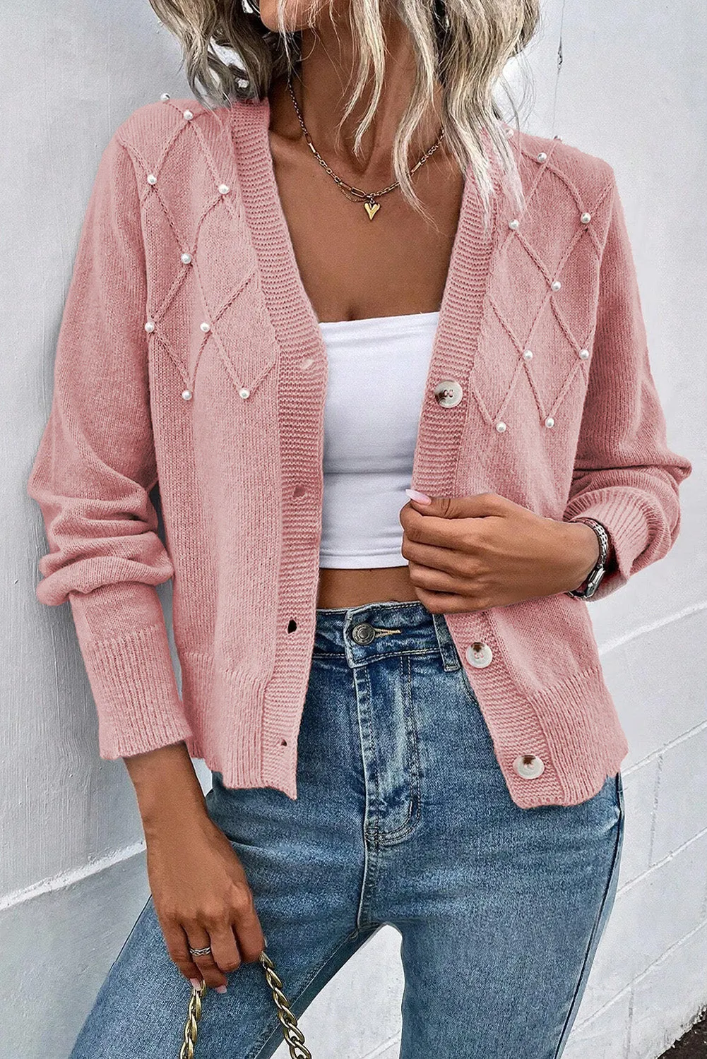 Icelyn Pearl Trim Button Up Cardigan