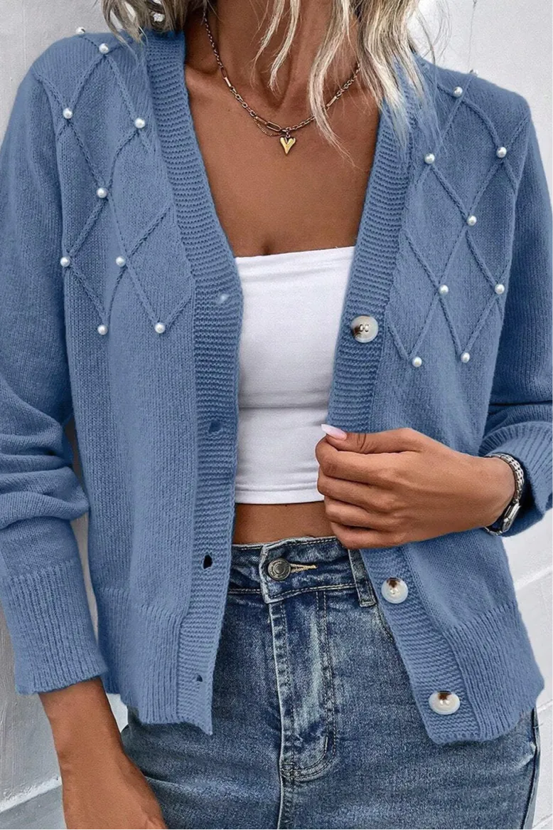 Icelyn Pearl Trim Button Up Cardigan