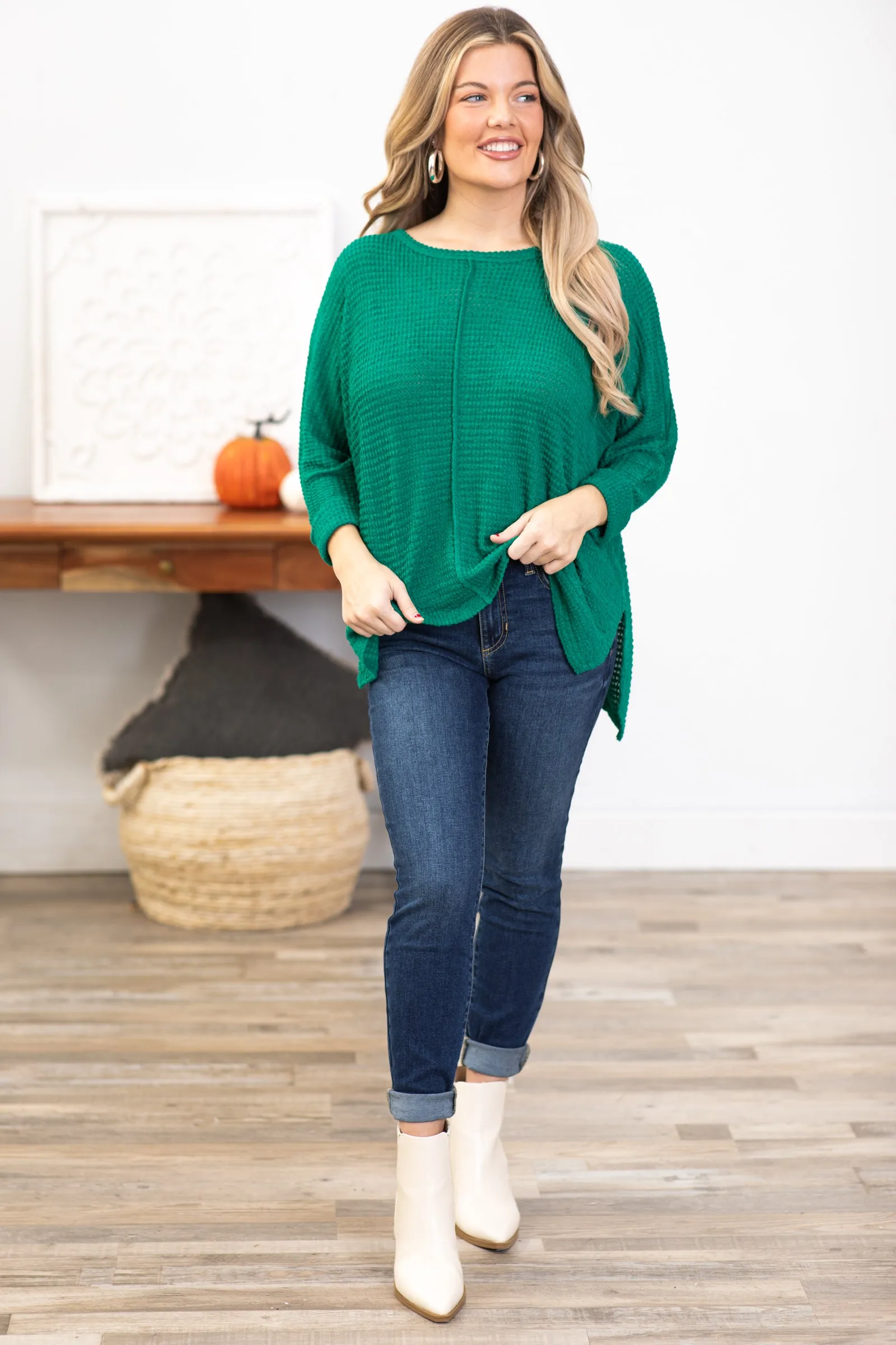 Jade Waffle Knit Dolman Sleeve Sweater