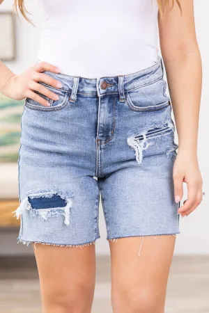 Judy Blue Mid Length Fray Hem Patch Shorts