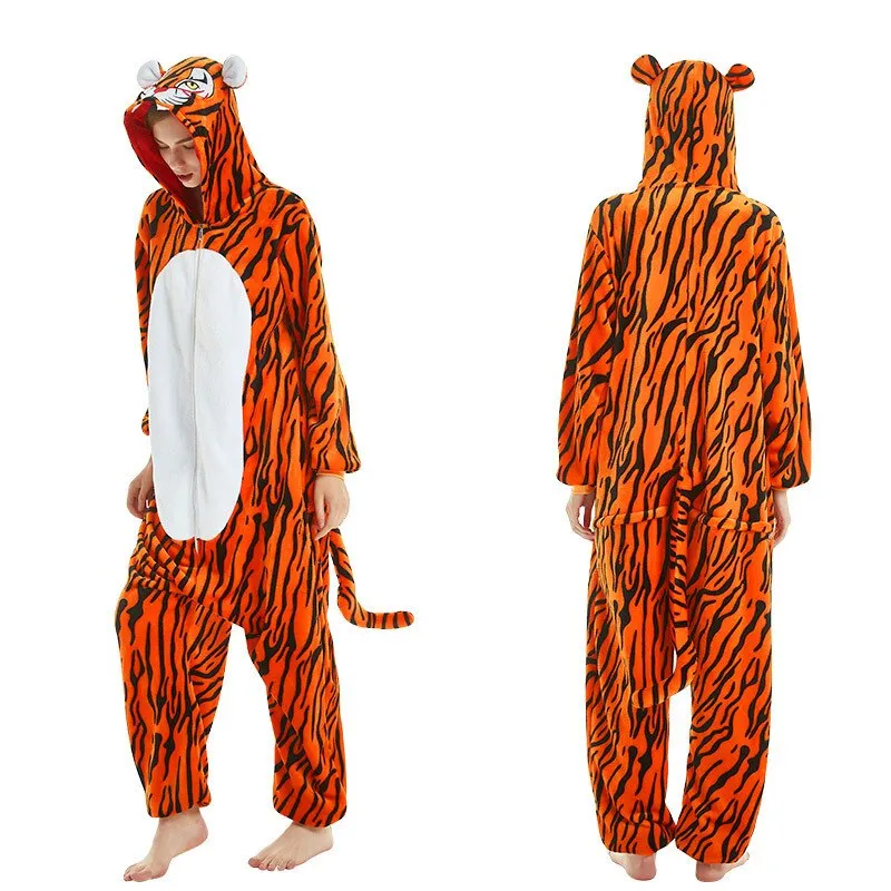 Jumping Tiger Long Sleeve Onesie Men Women Flannel Warm Panda Pajamas onepiece Adult Animal Pajamas Cute Cartoon Onesies