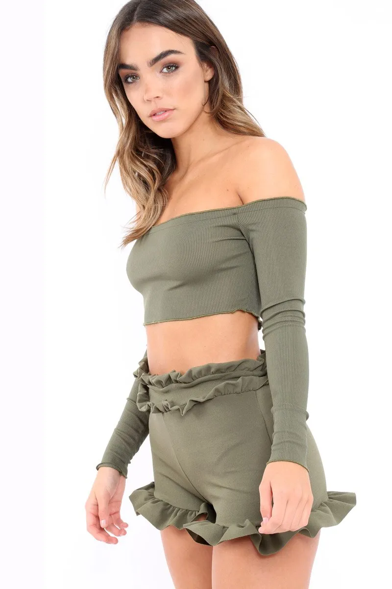 Khaki Ribbed Frill Bardot Crop Top - Cassidy