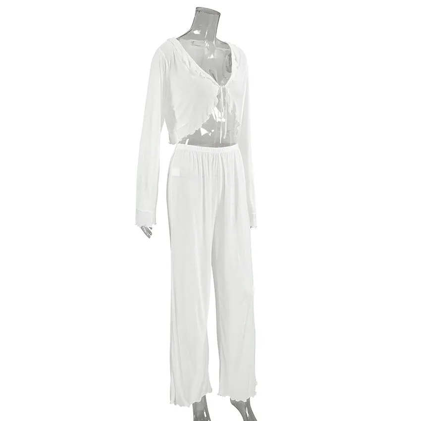 Knitted Tied Lotus Leaf Cropped Top Pajamas Two-Piece Sets