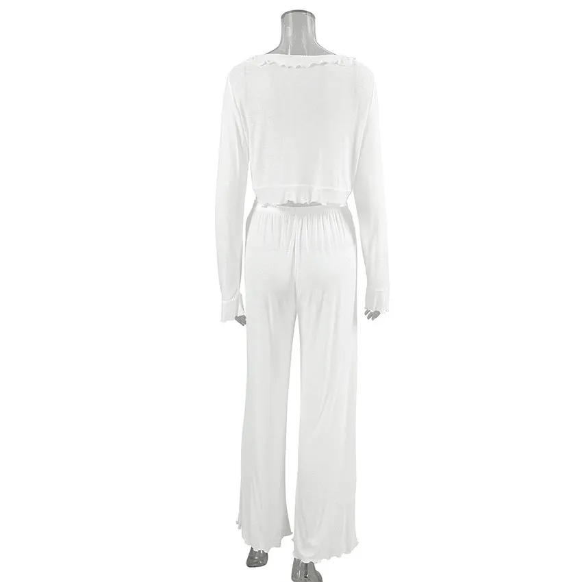 Knitted Tied Lotus Leaf Cropped Top Pajamas Two-Piece Sets