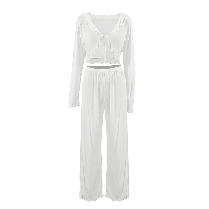Knitted Tied Lotus Leaf Cropped Top Pajamas Two-Piece Sets