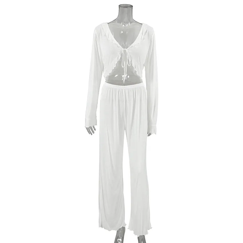 Knitted Tied Lotus Leaf Cropped Top Pajamas Two-Piece Sets