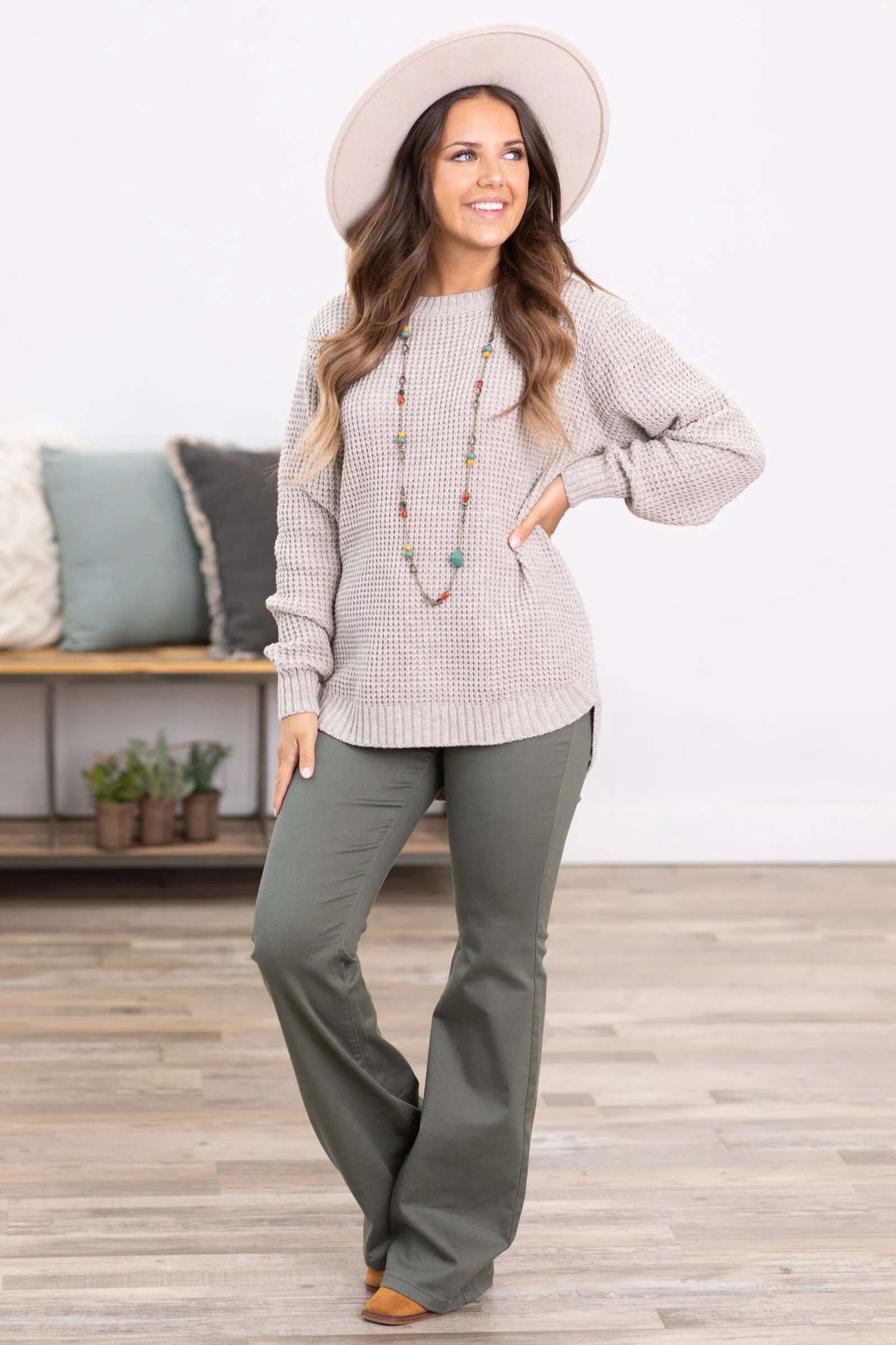 Light Mocha Waffle Knit Round Hem Sweater
