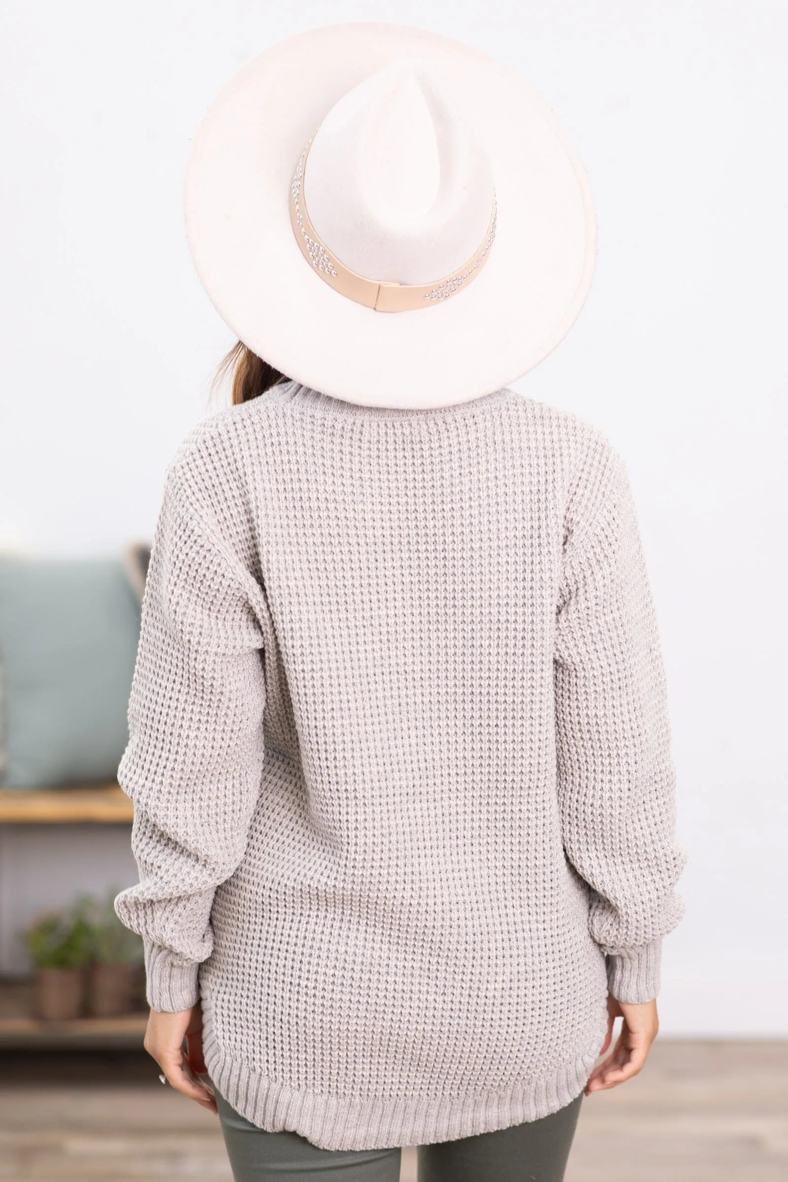 Light Mocha Waffle Knit Round Hem Sweater
