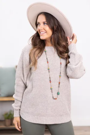 Light Mocha Waffle Knit Round Hem Sweater
