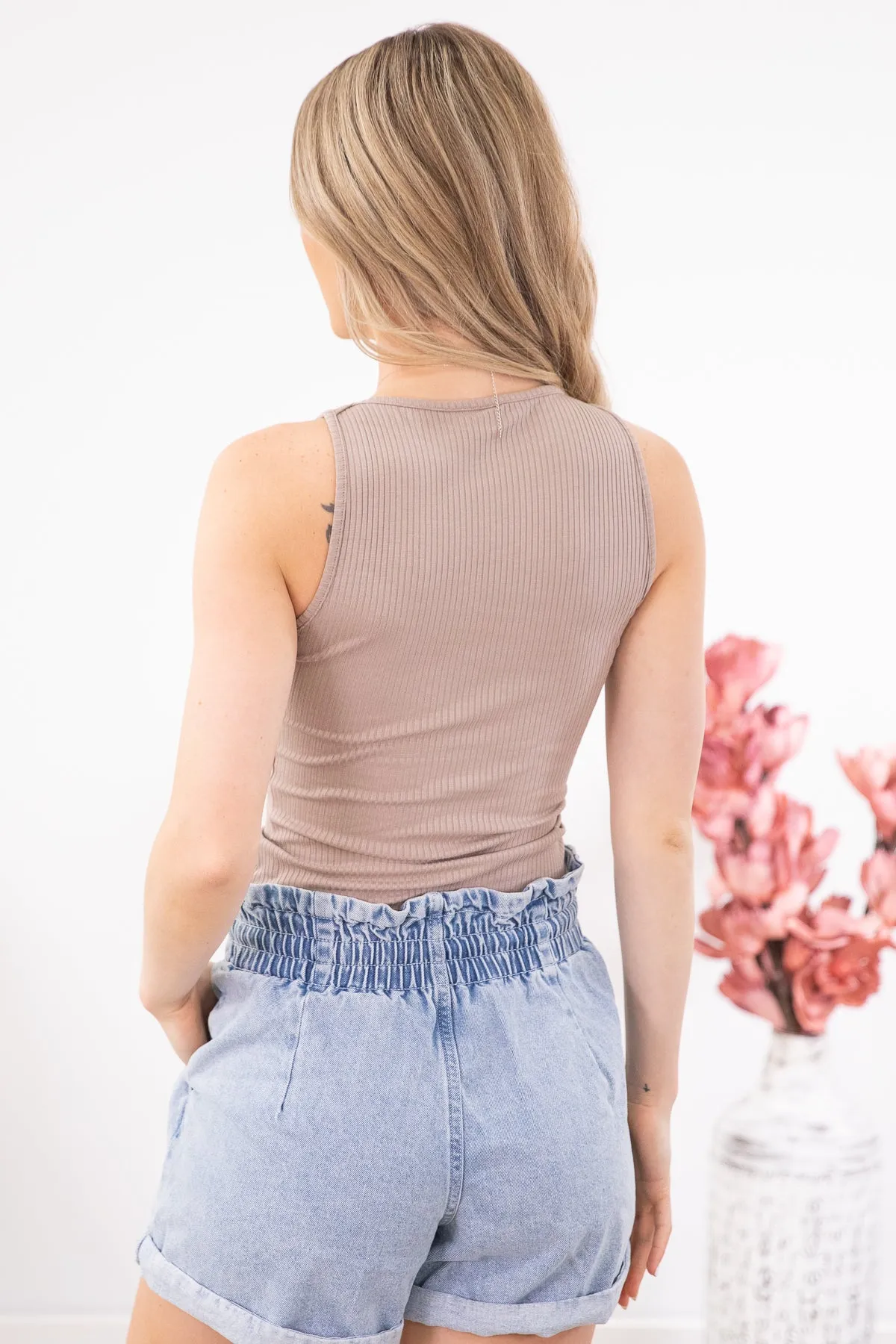 Light Wash Cuffed Elastic Waist Pull On Shorts