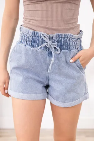Light Wash Cuffed Elastic Waist Pull On Shorts