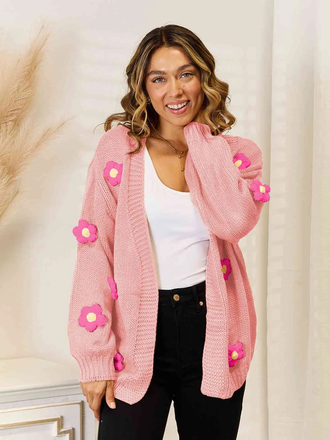 Lyle Flower Dropped Shoulder Open Front Cardigan