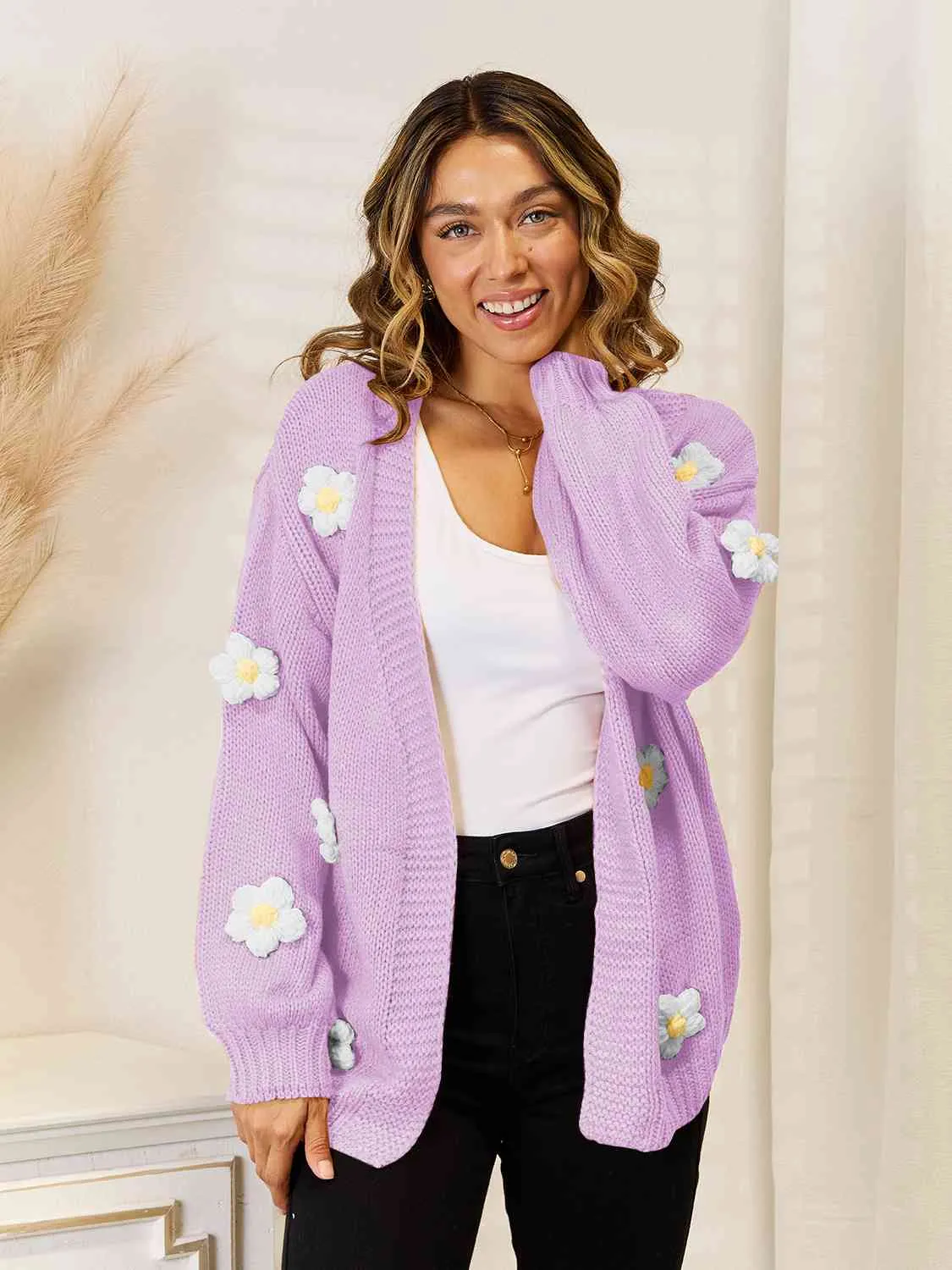 Lyle Flower Dropped Shoulder Open Front Cardigan