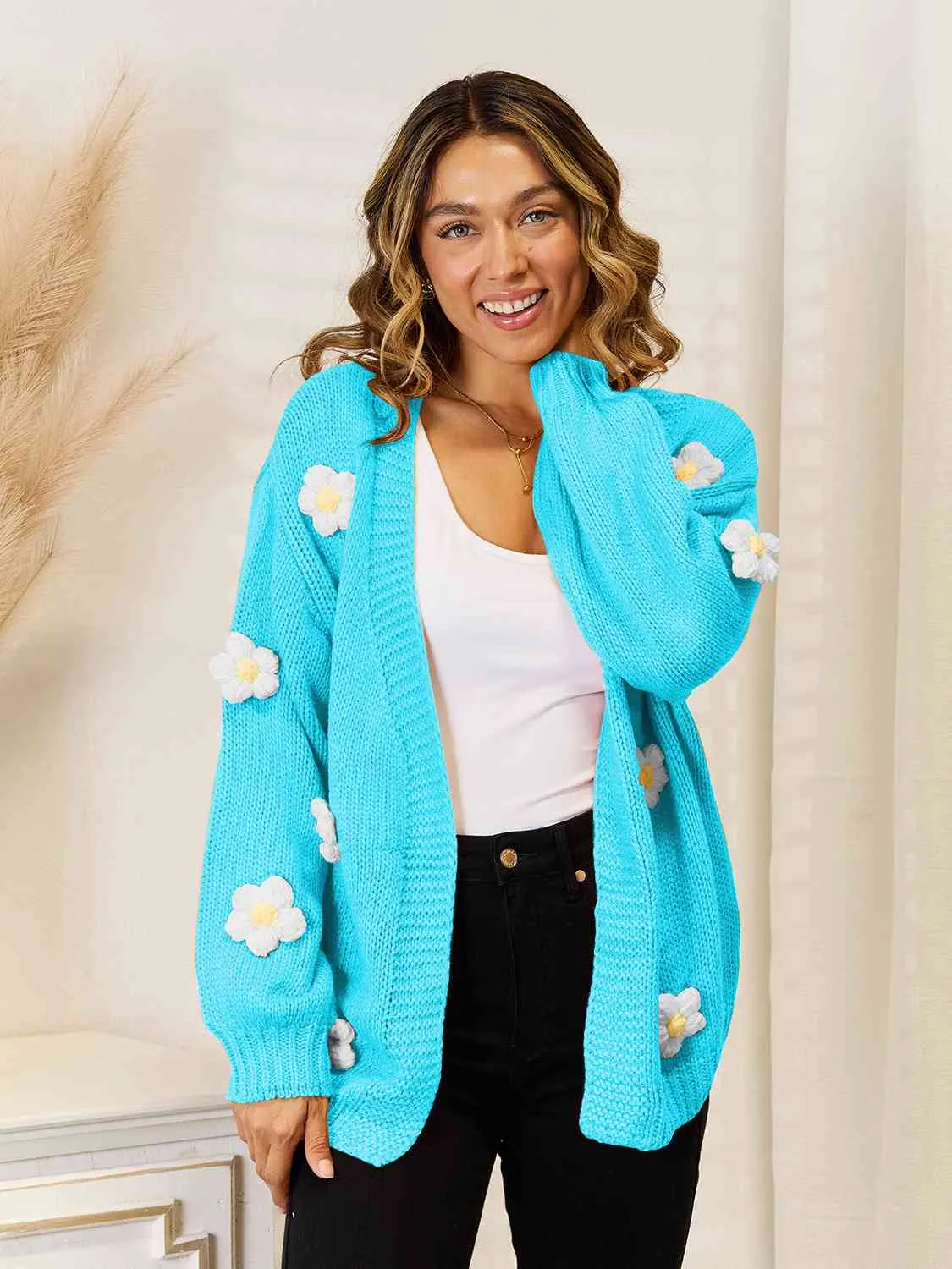 Lyle Flower Dropped Shoulder Open Front Cardigan