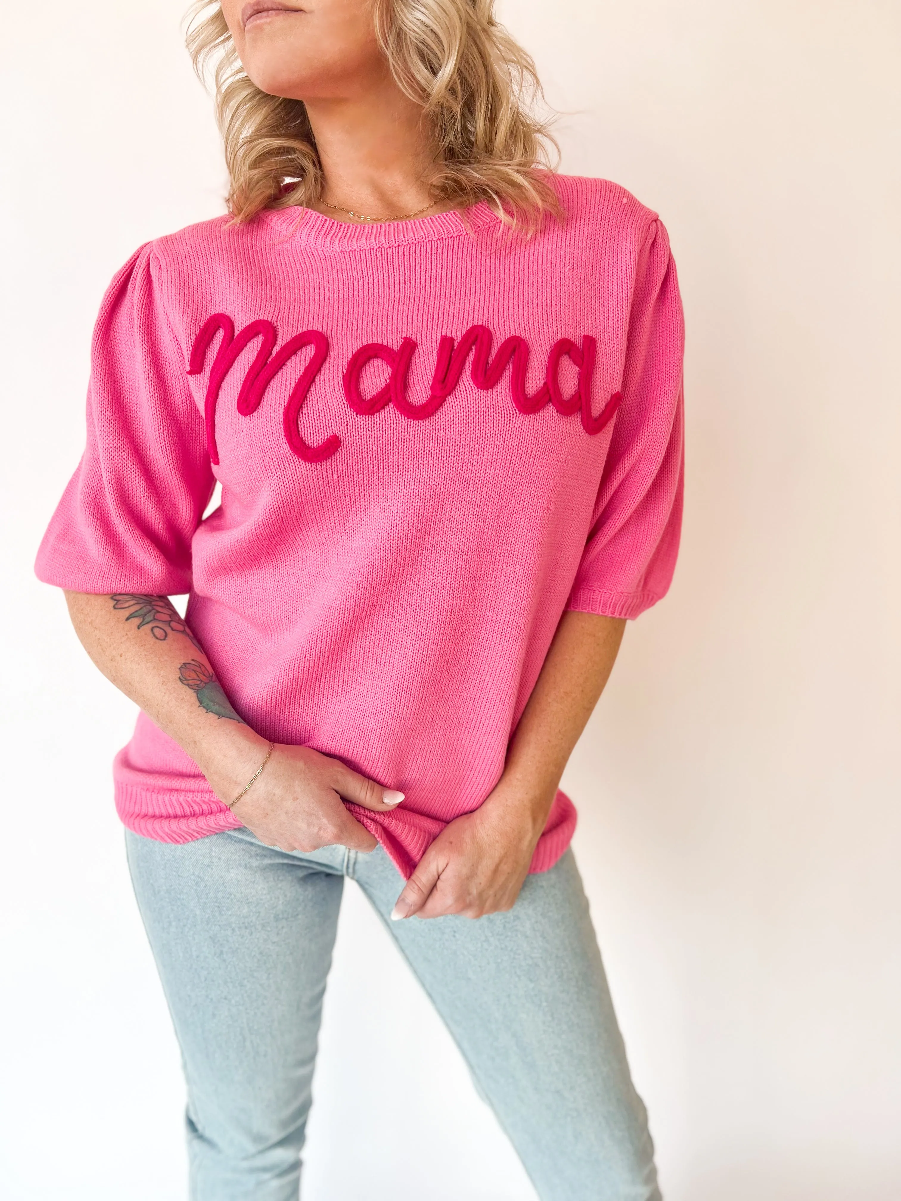 Mama Embroidered Knit Top