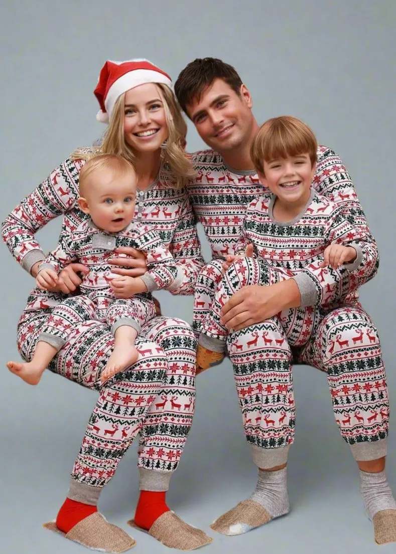 Matching Family Christmas Pajamas - Nordic Reindeer Print Holiday PJs Set for All Ages