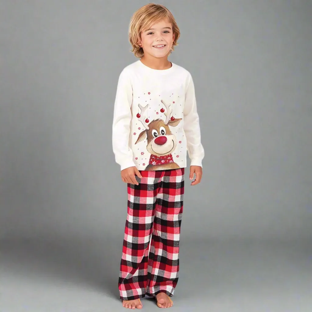 Matching Family Christmas Pajamas with Reindeer Print & Plaid Pants - Holiday Sleepwear Set for the Whole Family, Including Pets