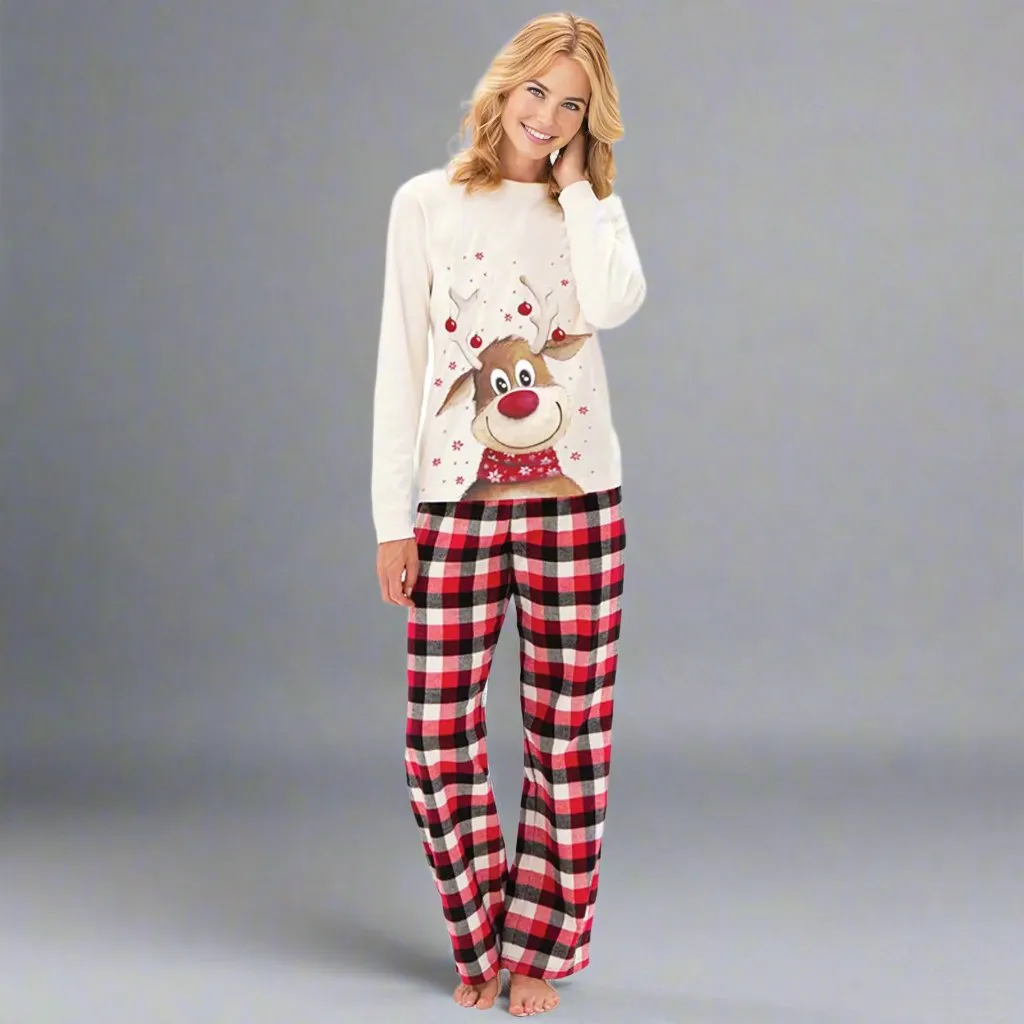 Matching Family Christmas Pajamas with Reindeer Print & Plaid Pants - Holiday Sleepwear Set for the Whole Family, Including Pets