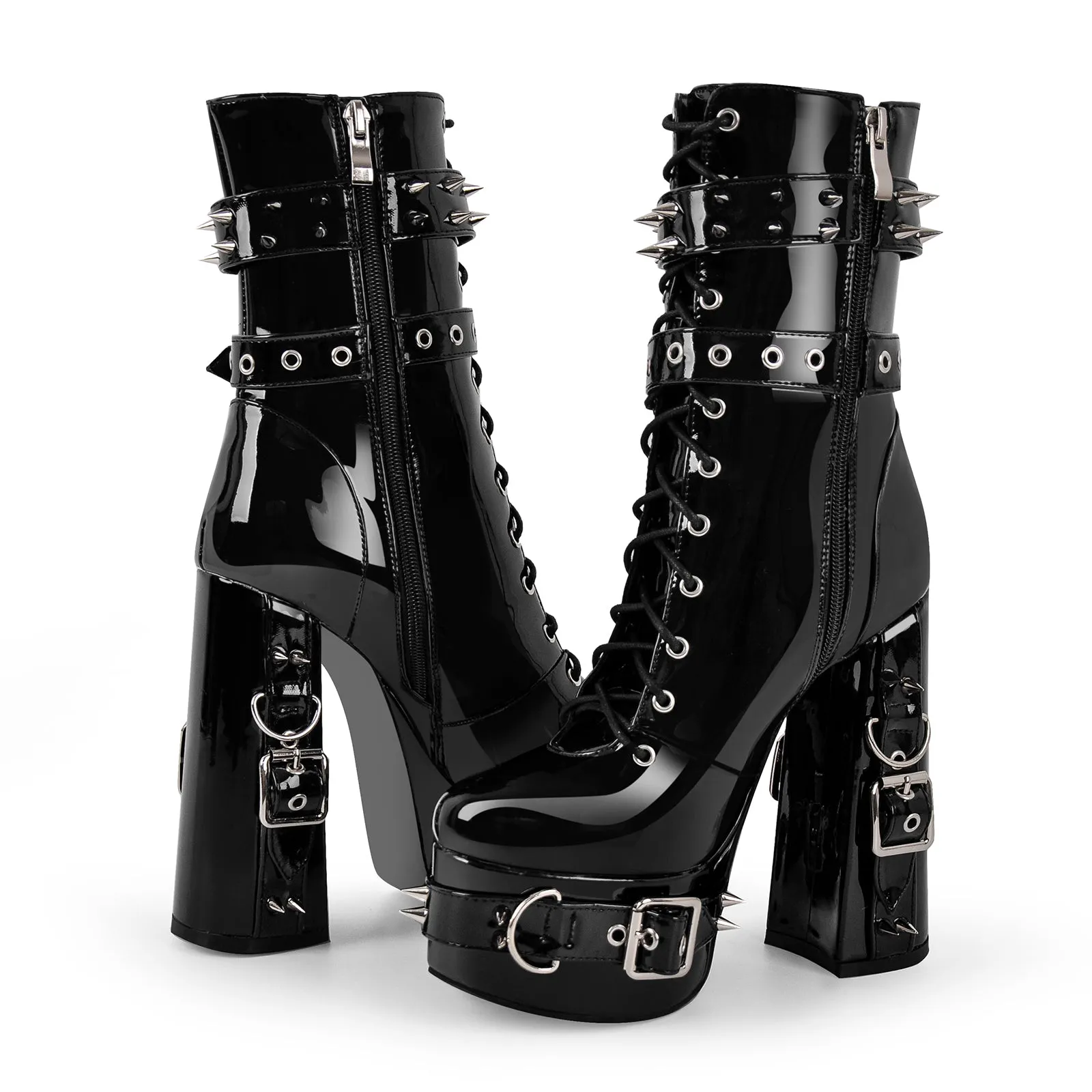 Metal Rivet Buckle Lace-up Platform Ankle Boots