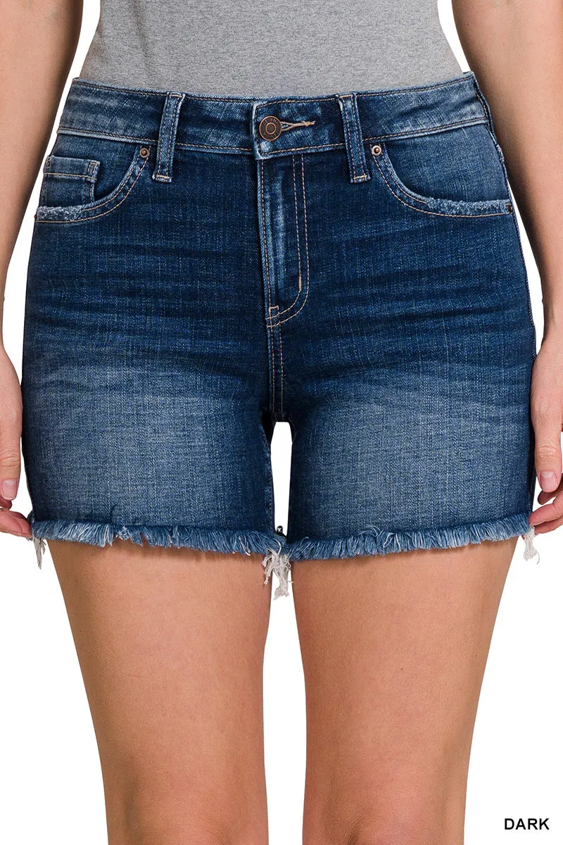 MID RISE RAW FRAYED HEM DENIM SHORTS