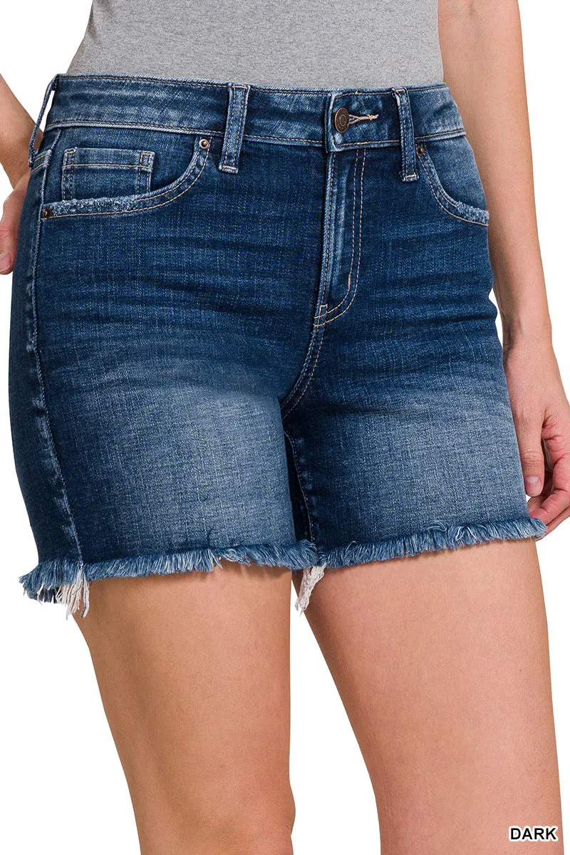 MID RISE RAW FRAYED HEM DENIM SHORTS