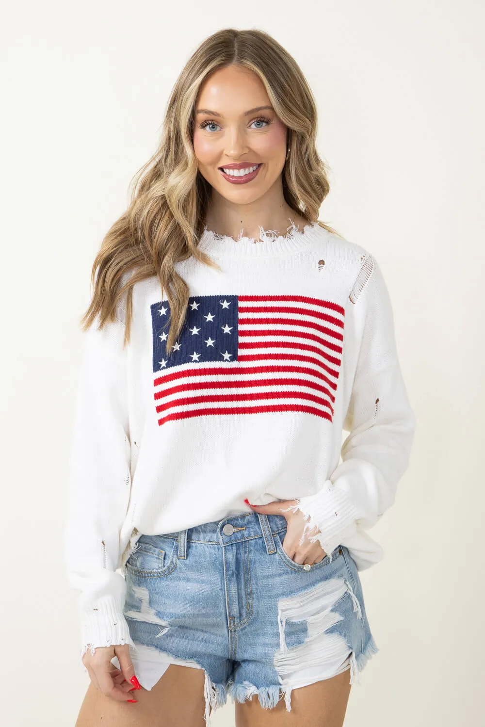Miracle American Flag Distressed Sweater for Women in Ivory | L2402-IVORY