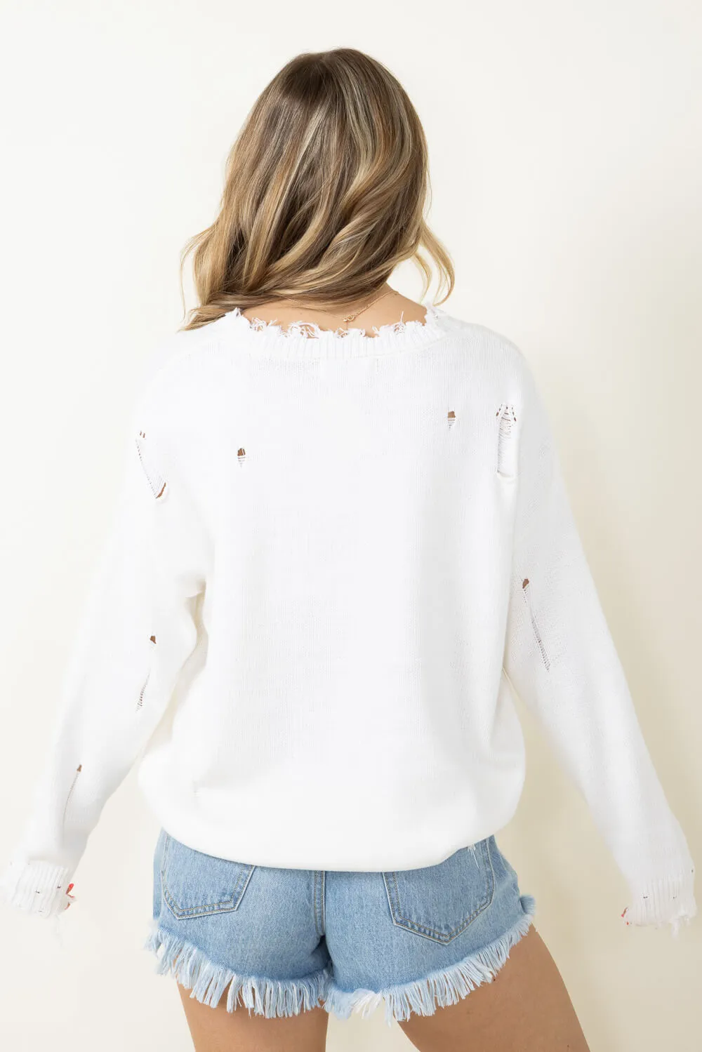Miracle American Flag Distressed Sweater for Women in Ivory | L2402-IVORY