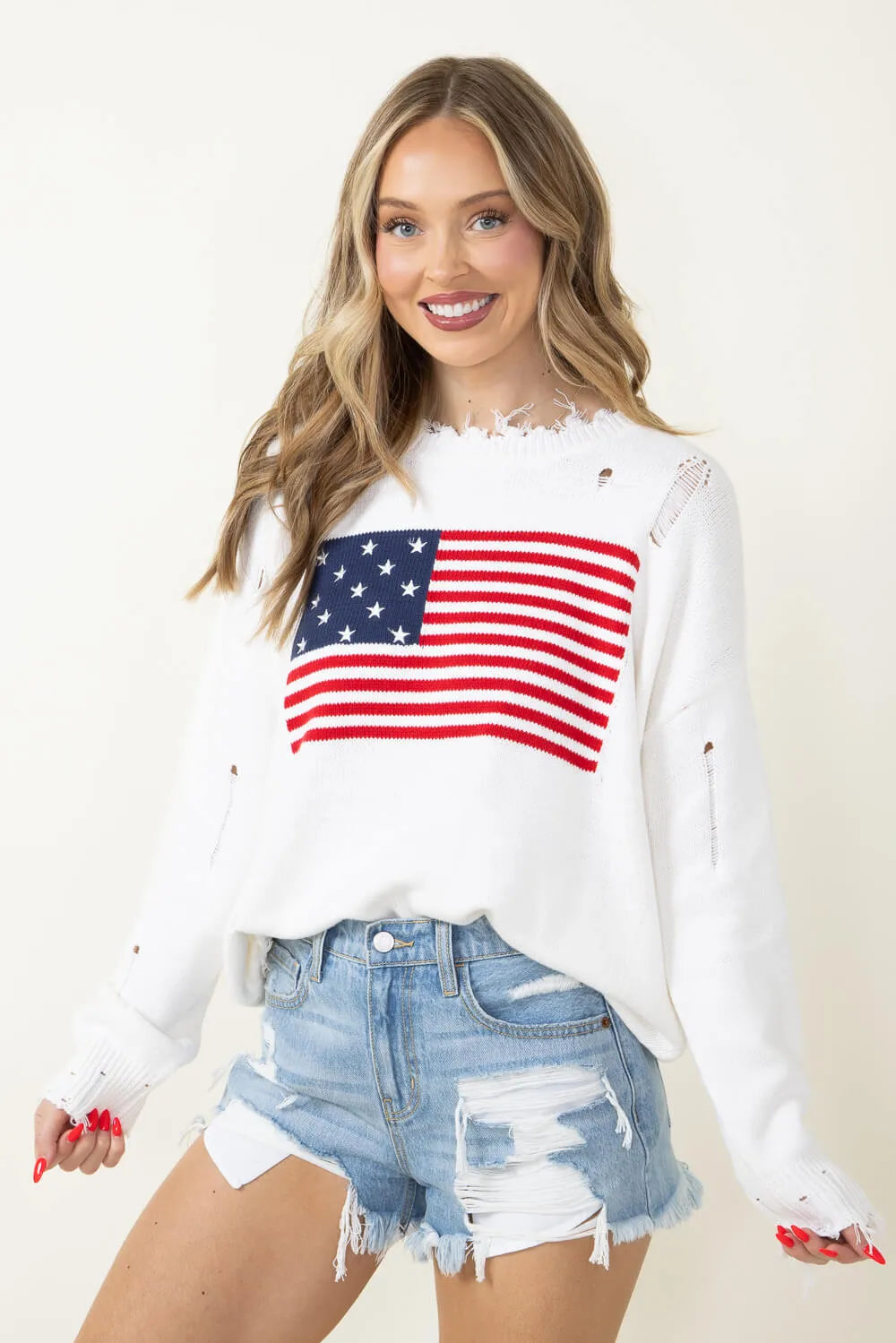 Miracle American Flag Distressed Sweater for Women in Ivory | L2402-IVORY