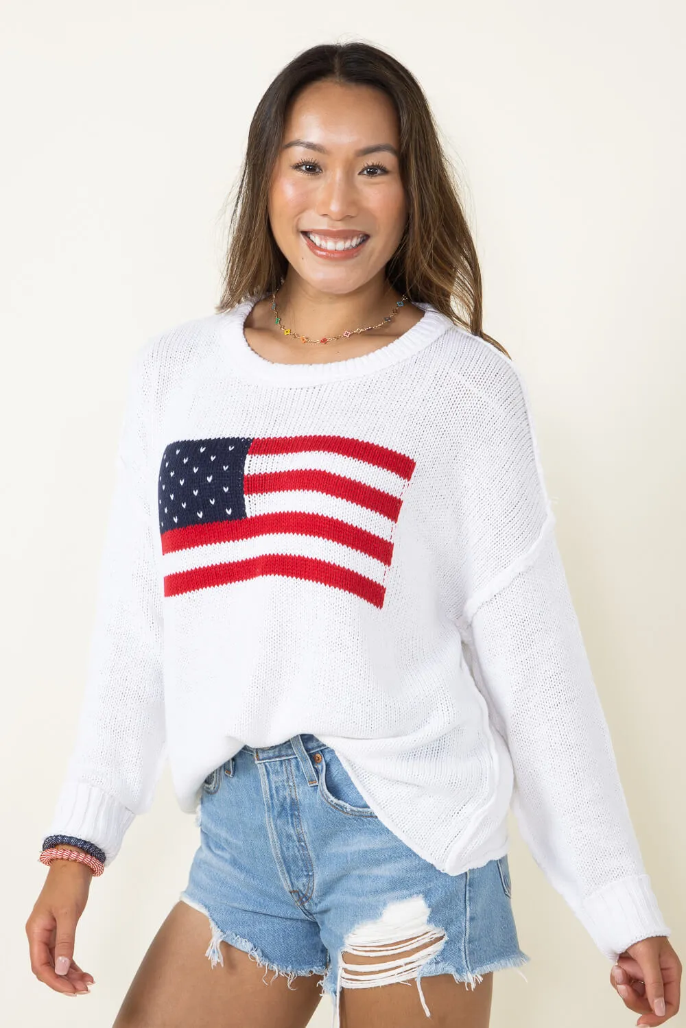 Miracle Knit American Flag Lightweight Sweater for Women in Ivory | F172-IVORY