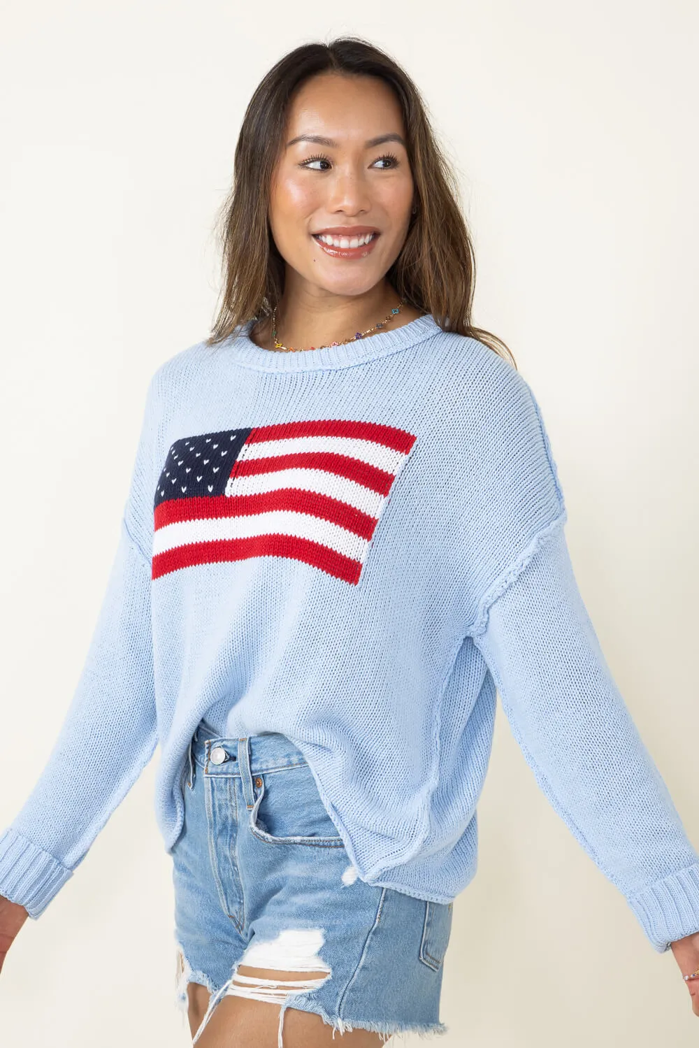 Miracle Knit American Flag Sweater for Women in Beach Sky | F172-BEACHSKY