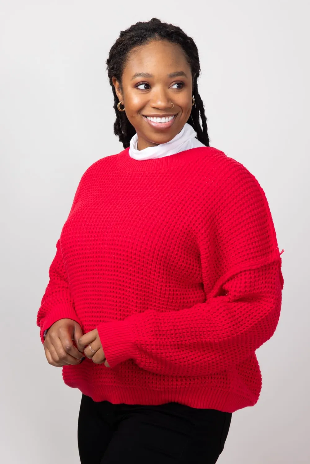 Miracle Waffle Cable Knit Sweater for Women in Red | F196-RED