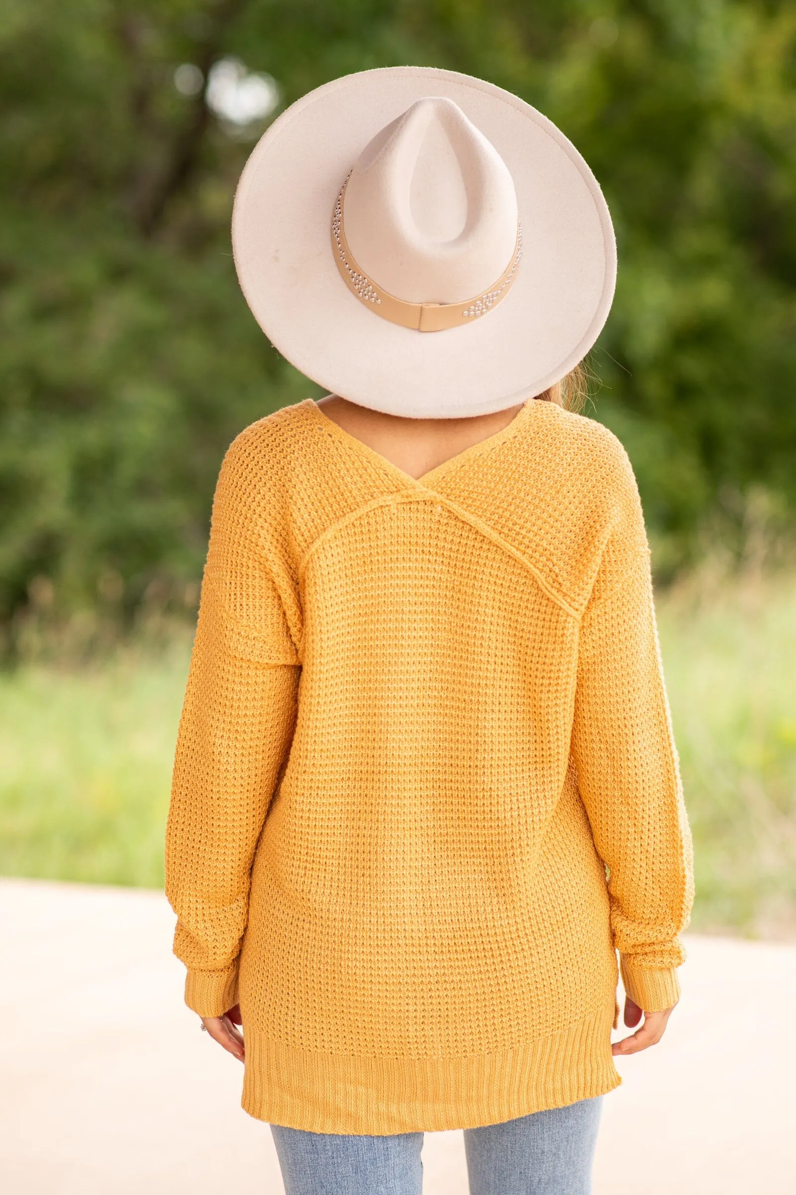 Mustard V-Neck Waffle Knit Sweater With Seam