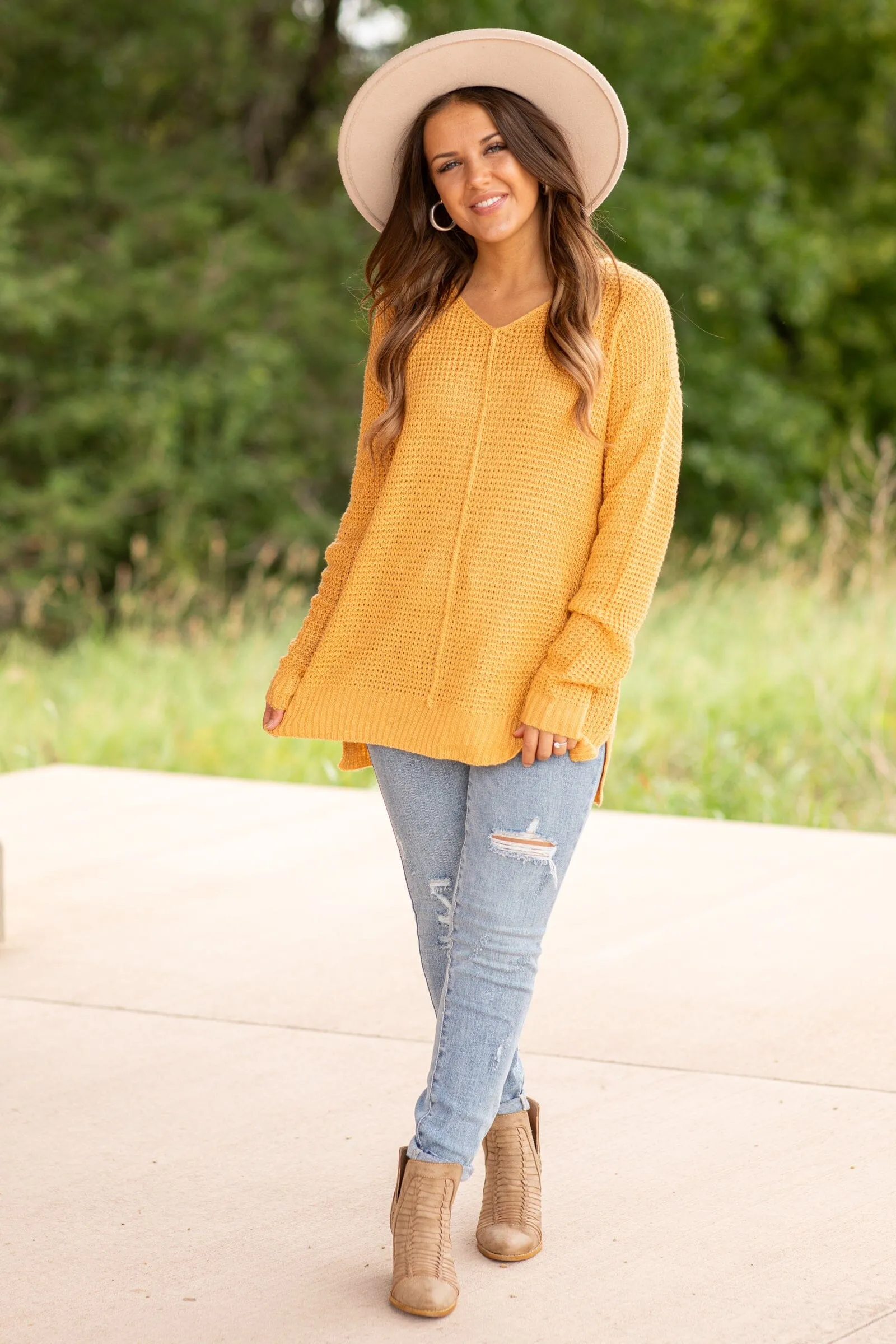 Mustard V-Neck Waffle Knit Sweater With Seam