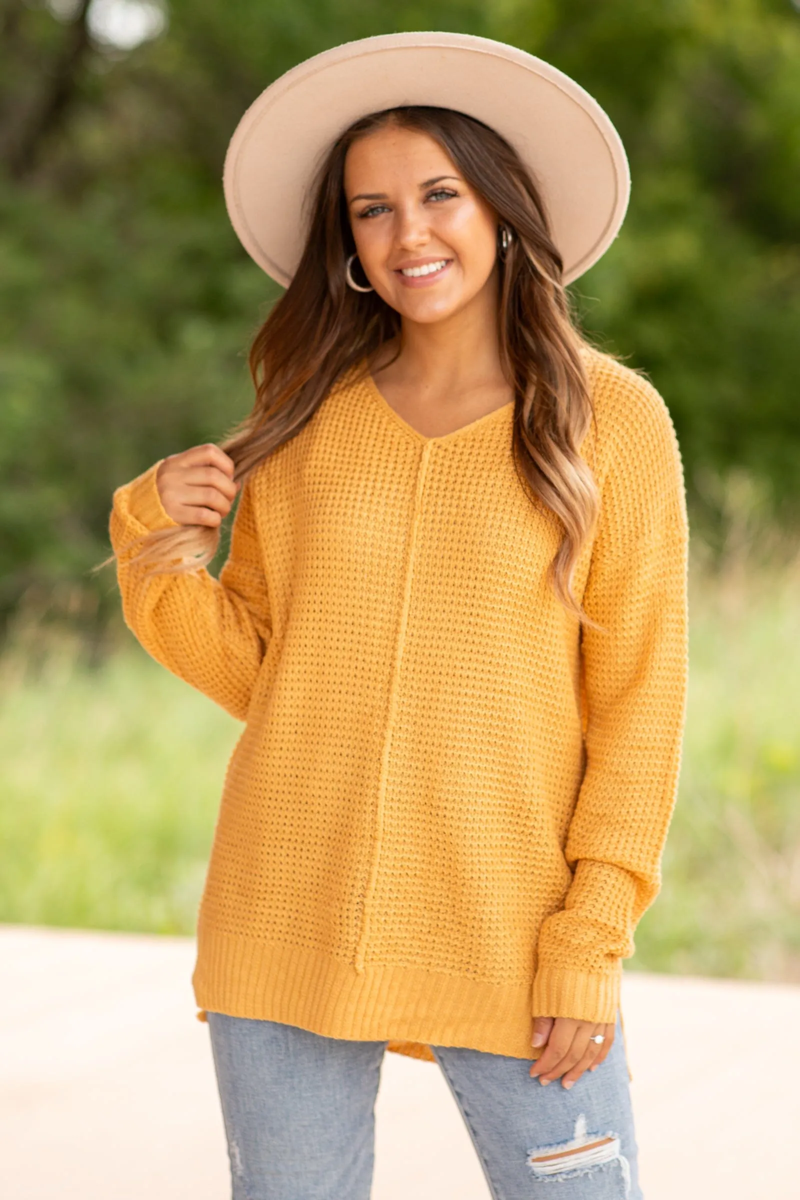 Mustard V-Neck Waffle Knit Sweater With Seam