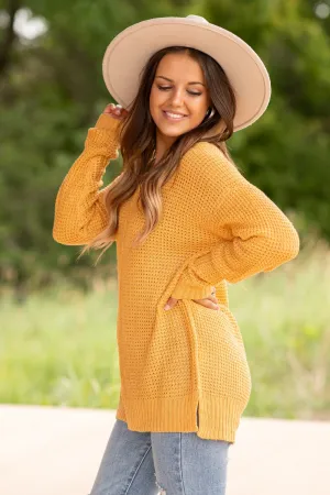 Mustard V-Neck Waffle Knit Sweater With Seam