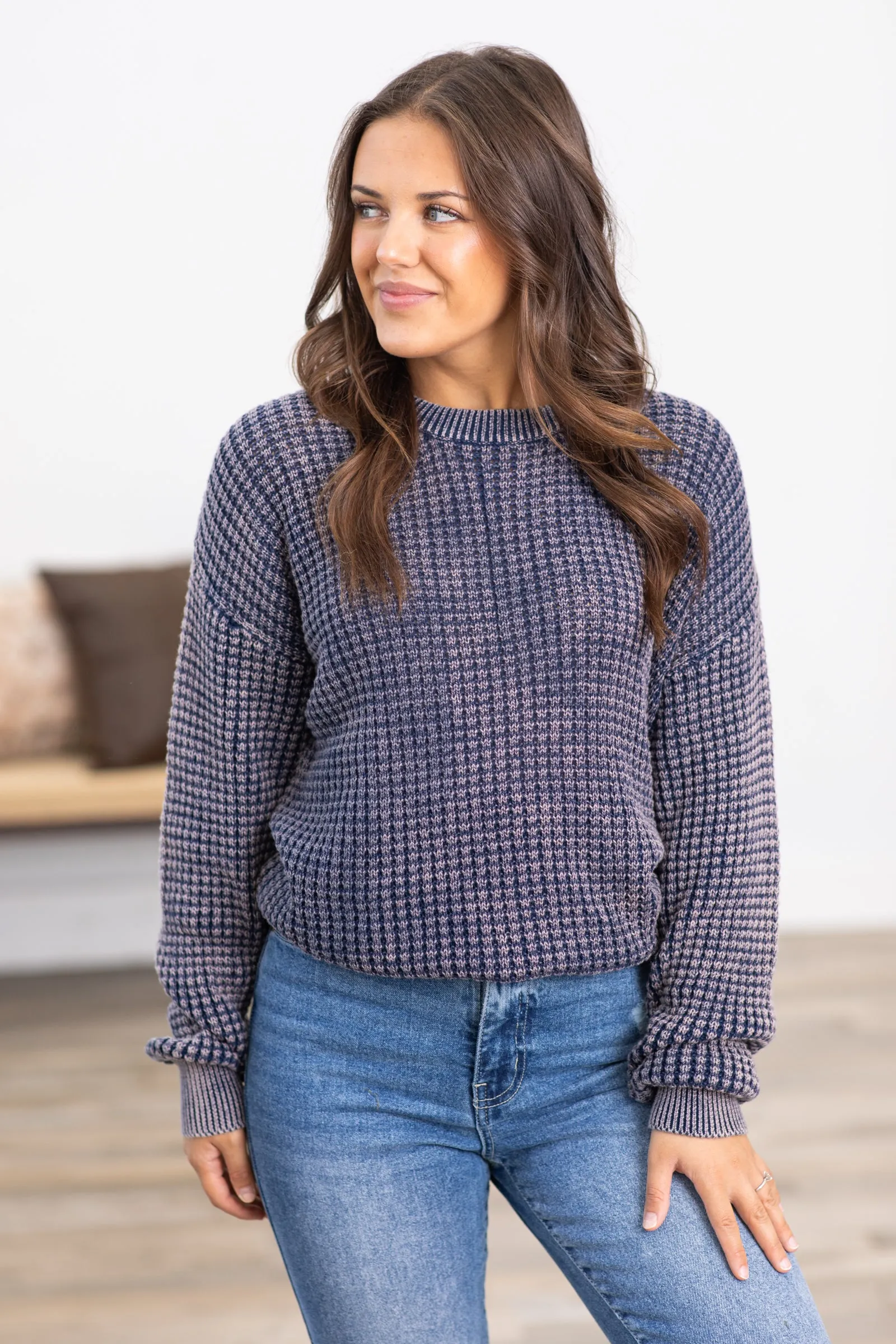 Navy Mineral Wash Waffle Knit Sweater