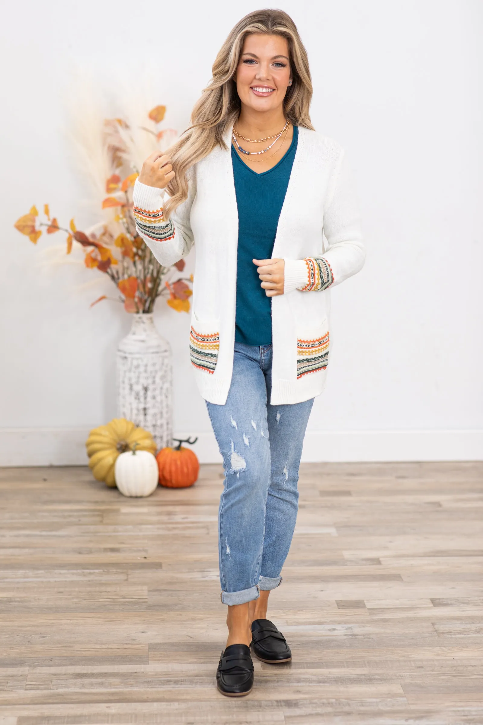 Off White Cardigan With Aztec Multicolor Trim