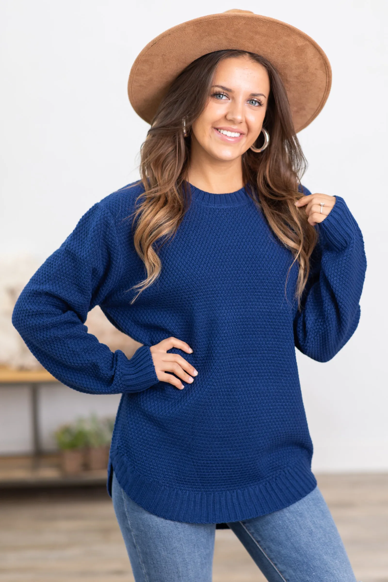 **OLD SKU**Navy Waffle Knit Round Neck Sweater