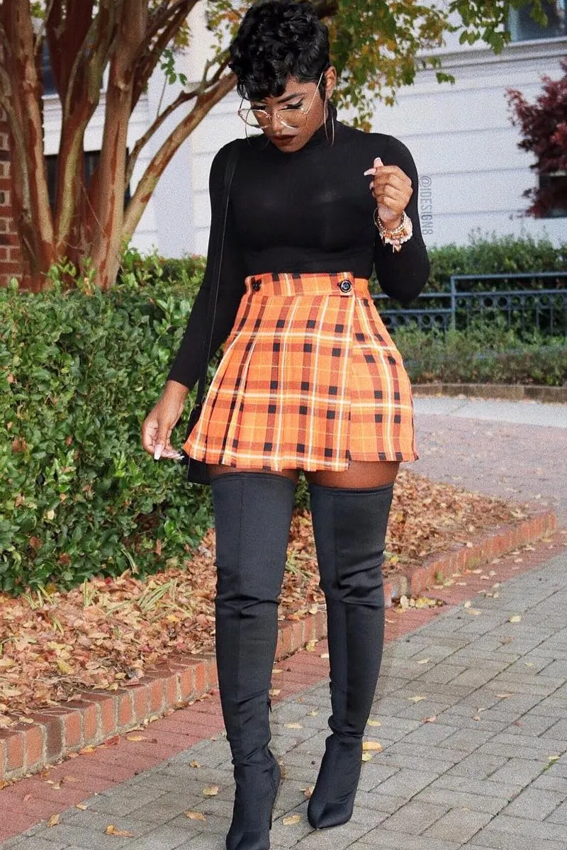 Orange Tartan Button Front Pleated Skirt - Laela