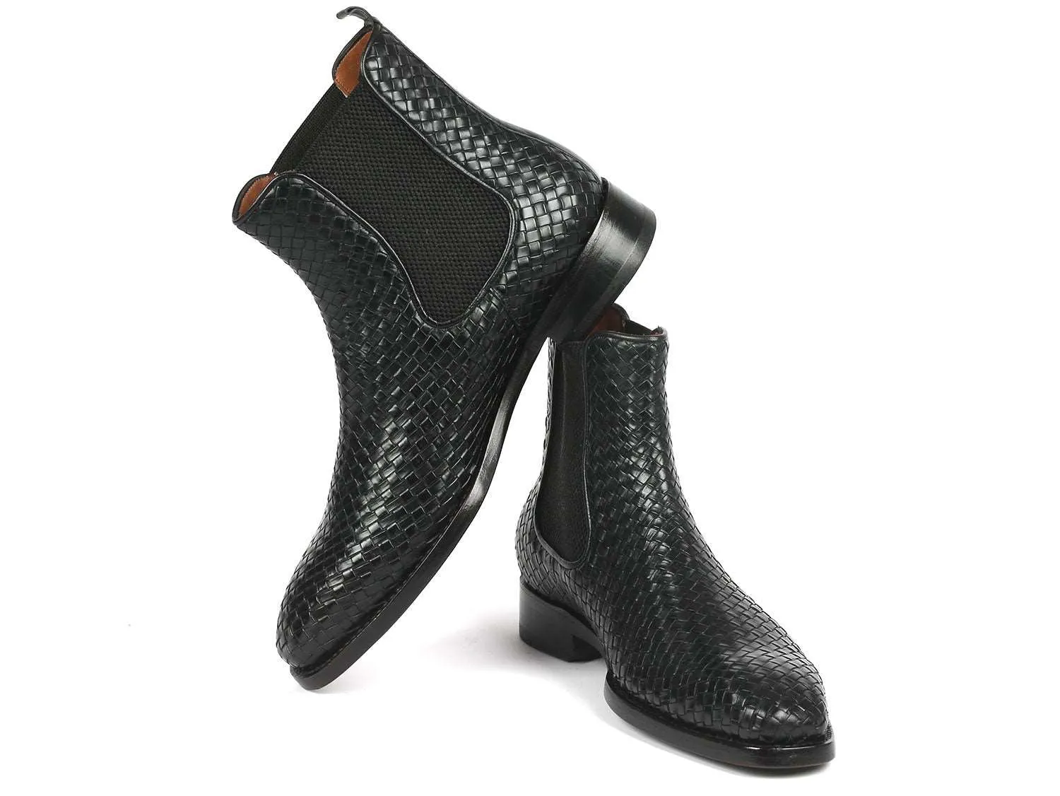 Paul Parkman Black Woven Leather Chelsea Boots