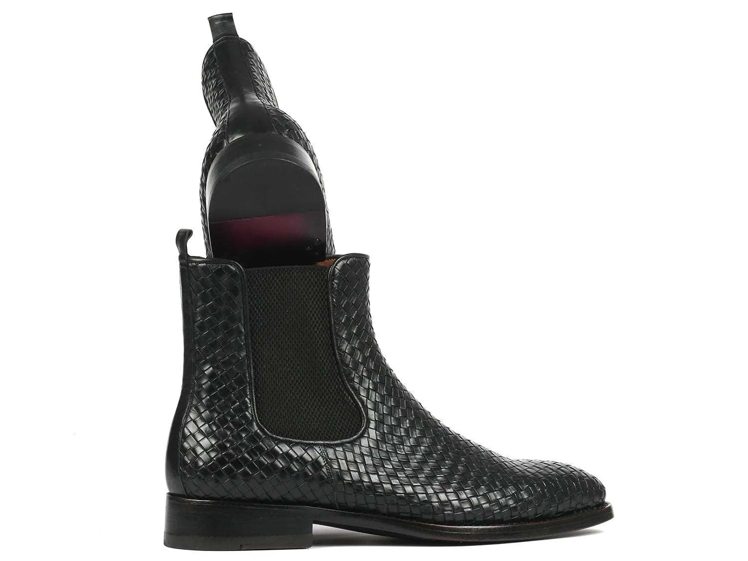 Paul Parkman Black Woven Leather Chelsea Boots