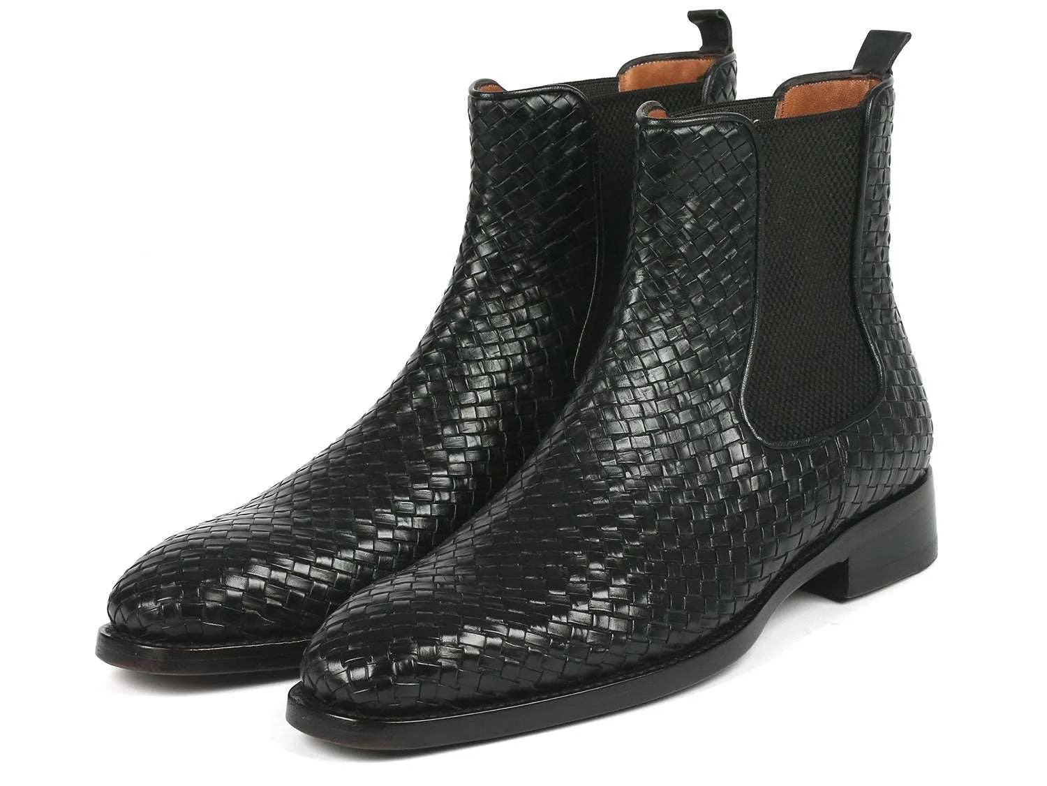Paul Parkman Black Woven Leather Chelsea Boots