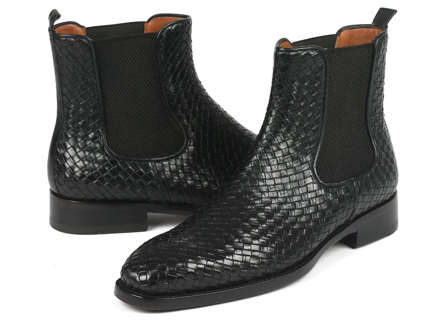 Paul Parkman Black Woven Leather Chelsea Boots