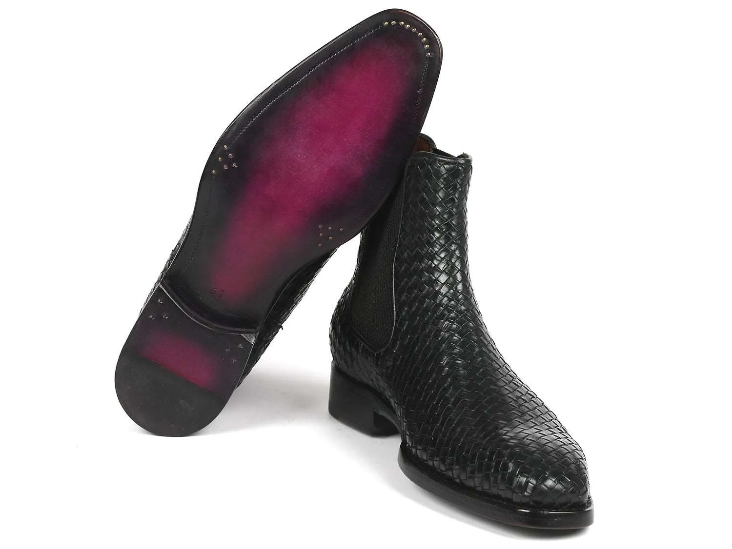 Paul Parkman Black Woven Leather Chelsea Boots